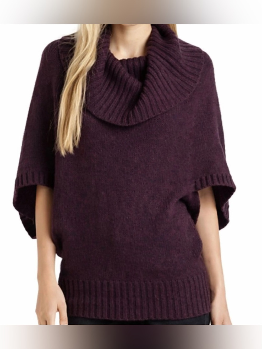 Eileen Fisher Sweater Poncho Italian Merino Wool Sz XS Plum Batwing Turtle Neck